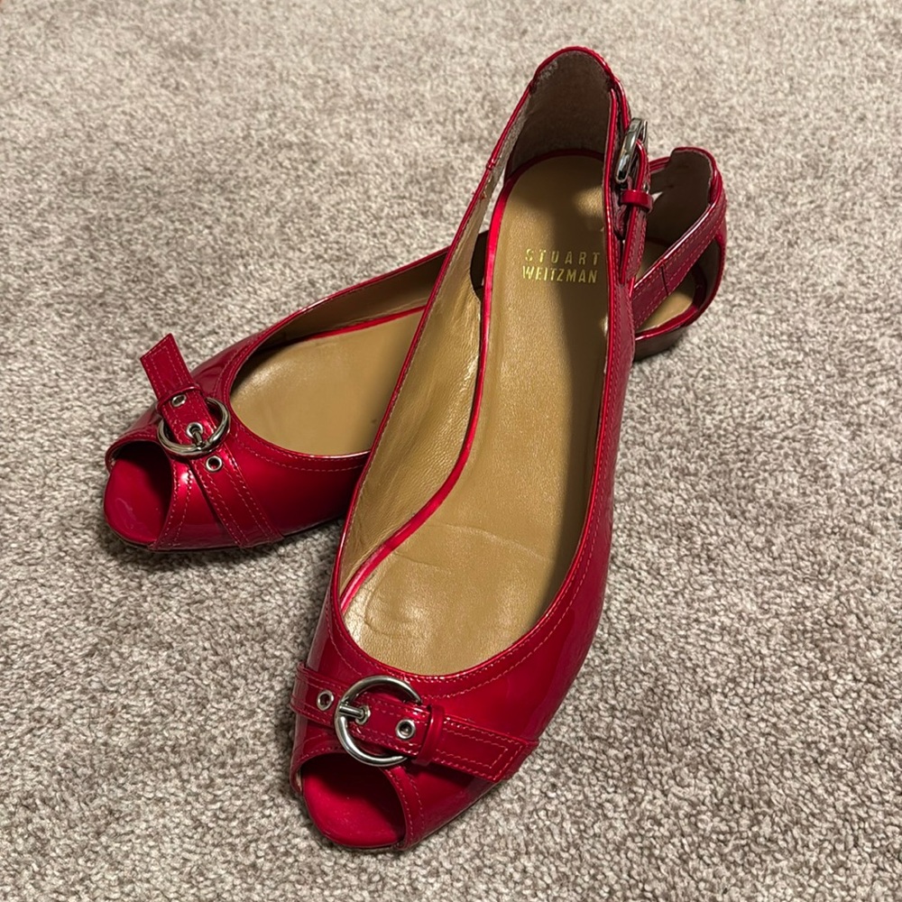 Stuart Weitzman Chit Chat Patent Leather Peep Toe Flats 8.5